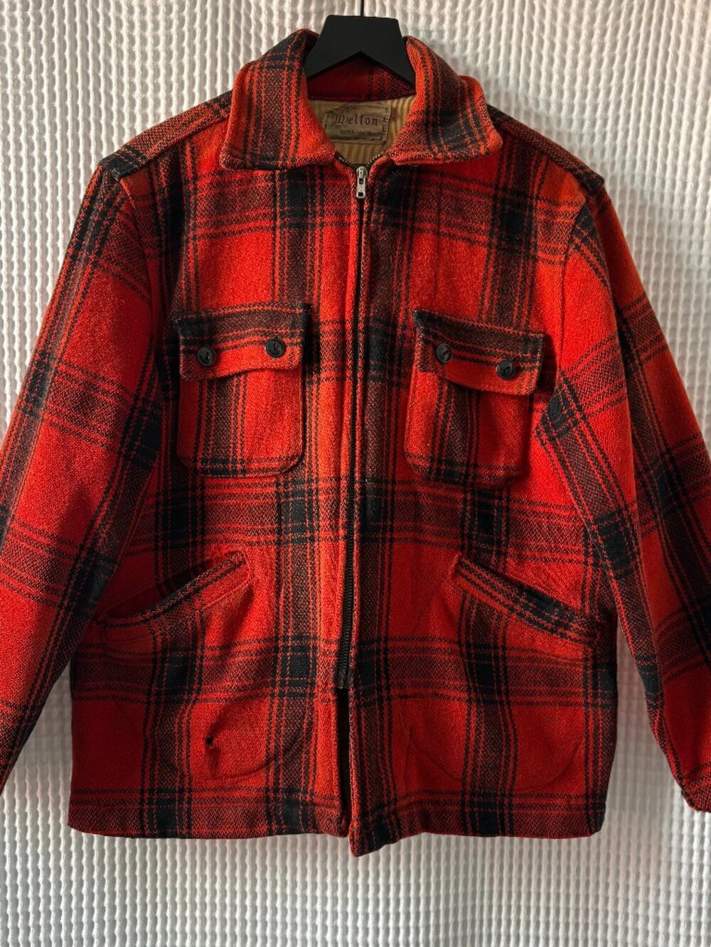Distressed vintage 1950s Melton wool blend red black hunting jacket men's M/L